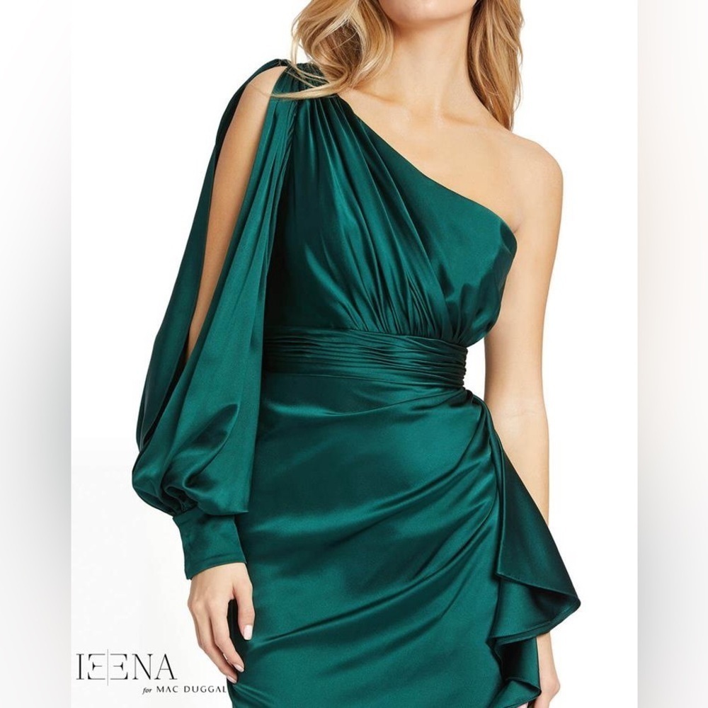 Mac Duggal Satin One Sleeve Cocktail Dress Emerald Green Size 6